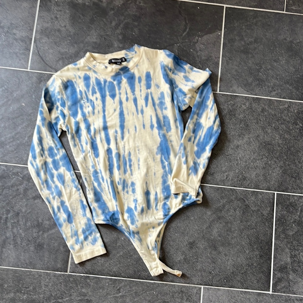 Tie dye blue and tan one piece bodysuit
